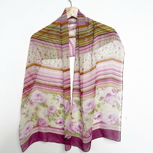 Italy Made Floral Roses Striped Pink Silk Scarf - Picture 3 of 9